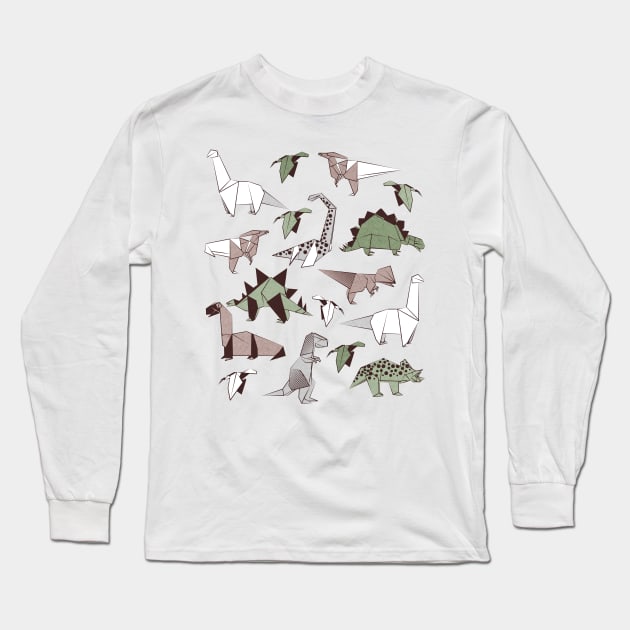 Origami dino friends // print // green white and beige dinosaurs Long Sleeve T-Shirt by SelmaCardoso